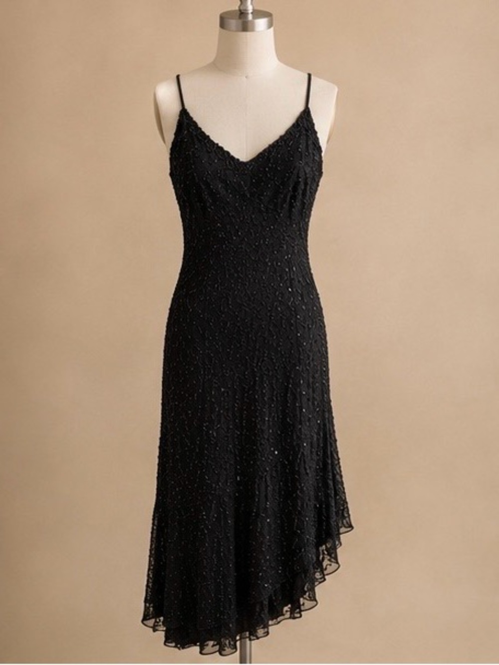 Vintage Stenay Black Beaded Asymmetric Slip Dress Size 12